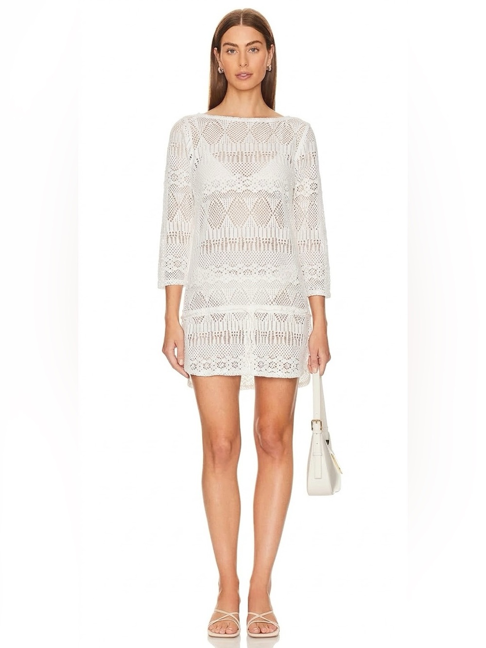 RALPH LAUREN Women's White Lace Pattern Swim Cover-Up Dress Size Small